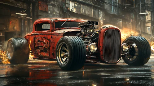 Rust-red hot rod powers through blazing urban street.