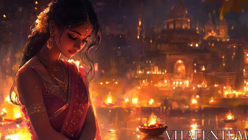 Woman in traditional attire stands by illuminated riverside