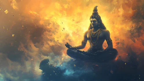 Serene cosmic yogi floats in glowing clouds of golden light