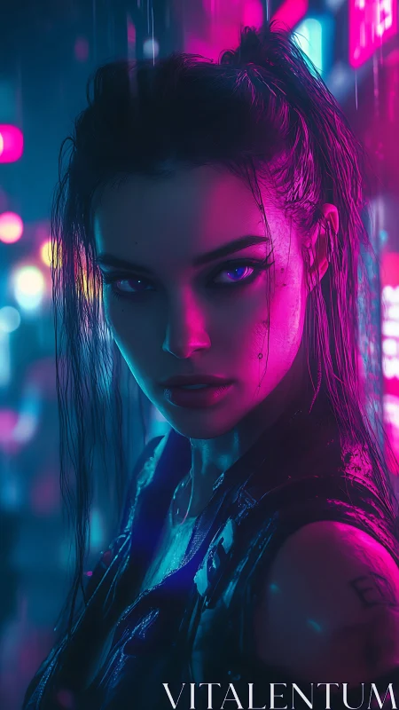 Neon-soaked cyberpunk woman glares through rainy night streets.