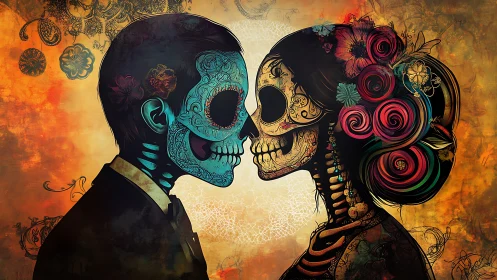 Skull-Kissed Romance: Digital Dance of Día de Muertos.