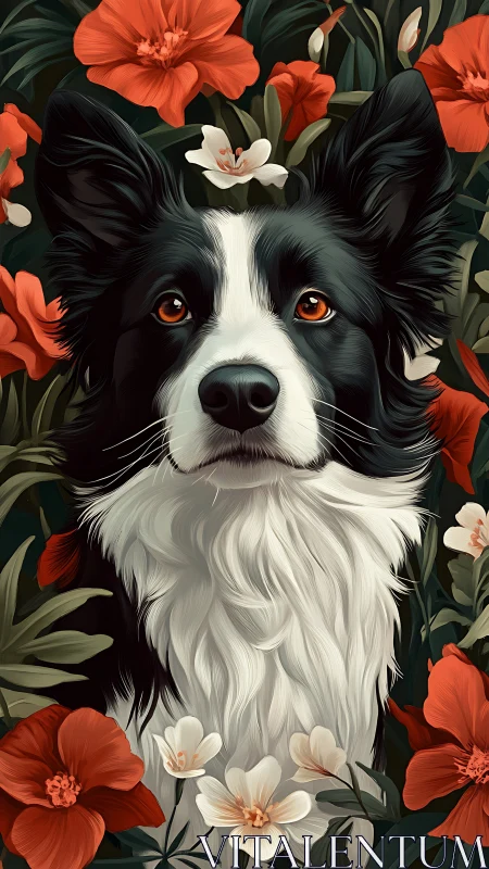Border collie portrait amid high-saturation botanical blooms.