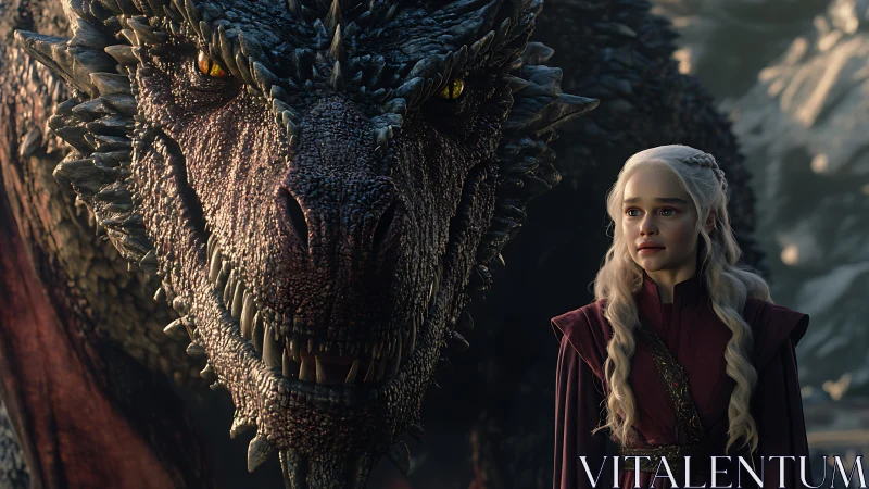 Woman in red robe stands beside large dragon companion.