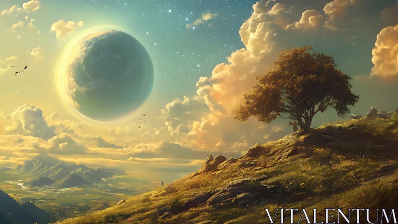Celestial planet rises over sunlit hillside and lone tree.