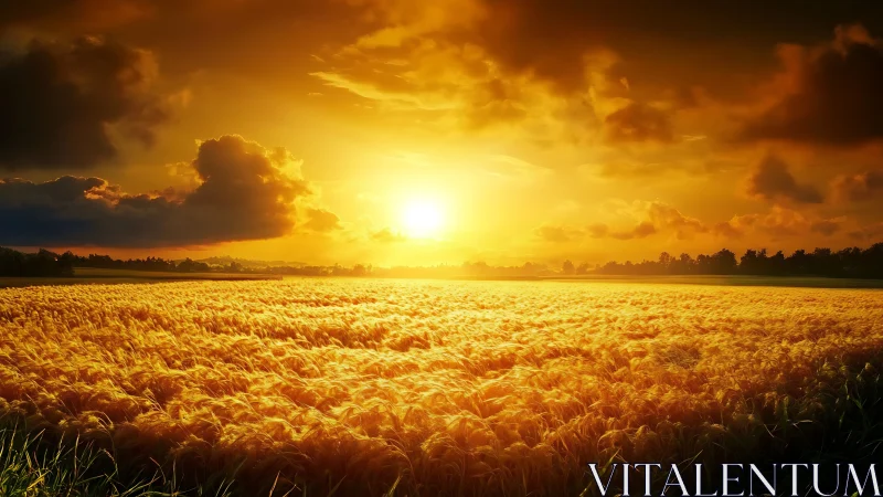 Low-angle sunset over wheat field with high dynamic range lighting
