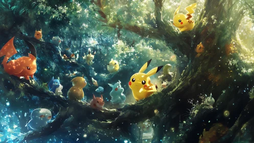 Multiple electric creatures in dense luminous forest environment.