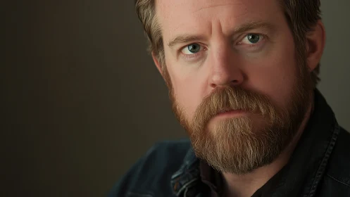 Steady gaze of a bearded man in soft cinematic focus.