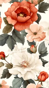 Red peony and white floral composition with botanical foliage study.
