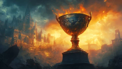 Giant flaming chalice dominates ruined fantasy cityscape
