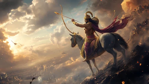 Heroic archer on warhorse commands a stormlit mythical sky