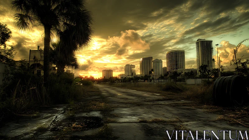 Sunset glow over a forgotten road and distant city towers.