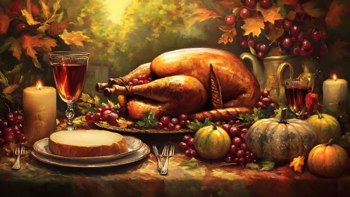 Digital painting of autumn harvest feast with roast turkey centerpiece.