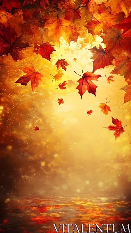 Golden autumn leaves drift gently above a glowing lake