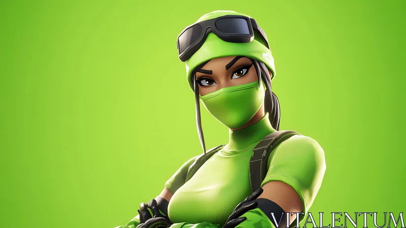 Green masked female game character in tactical outfit.