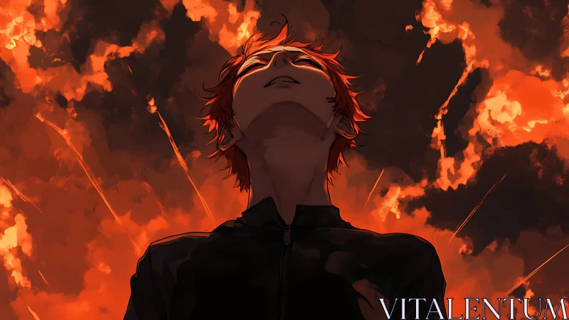 Red-haired character faces upward under burning orange sky
