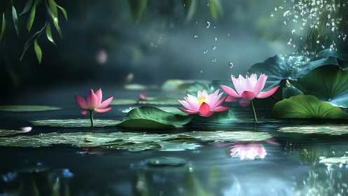 Mystical lotus blossoms over reflective misty water surface.