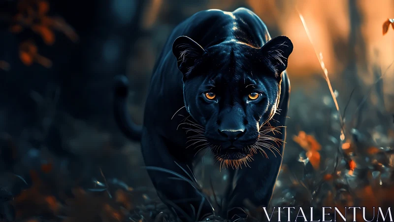 Black panther walks through golden-lit forest undergrowth