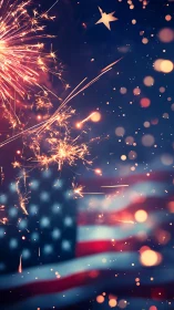 Sparklers glow over blurred American flag on dark night