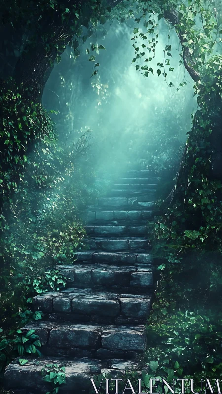 Stone stairway ascends through misty enchanted forest.