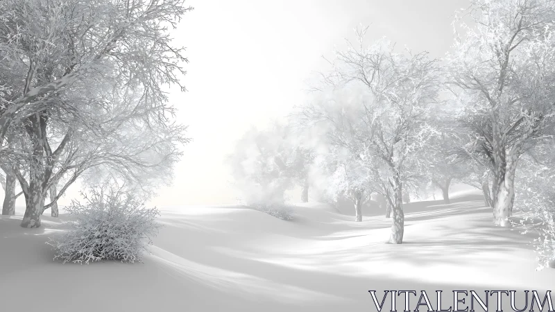 Silent winter grove glows under soft, ethereal light.