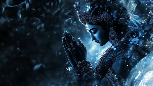 Moonlit blue deity in quiet prayer and shimmering calm.