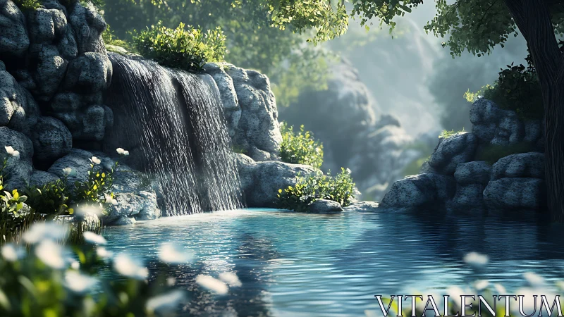 Peaceful forest waterfall and sunlit blue woodland pool.
