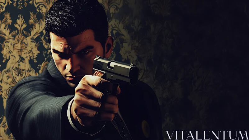 Hard-edged enforcer aiming pistol in dramatic chiaroscuro.