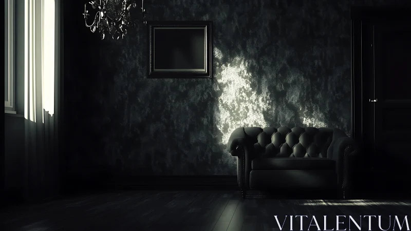 Low key interior with tufted sofa, wall frame and window light