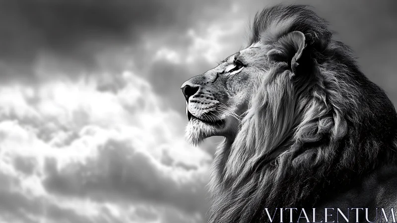 Majestic lion profile gazes into a dramatic storm sky