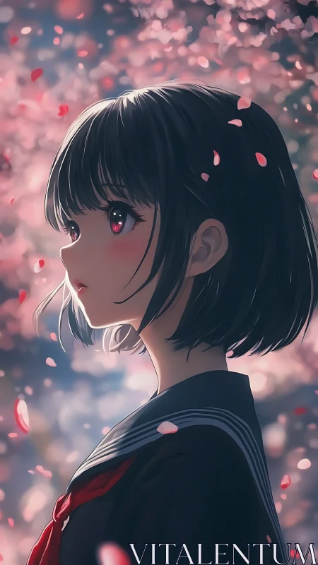 Soft evening reverie beneath drifting cherry blossoms.