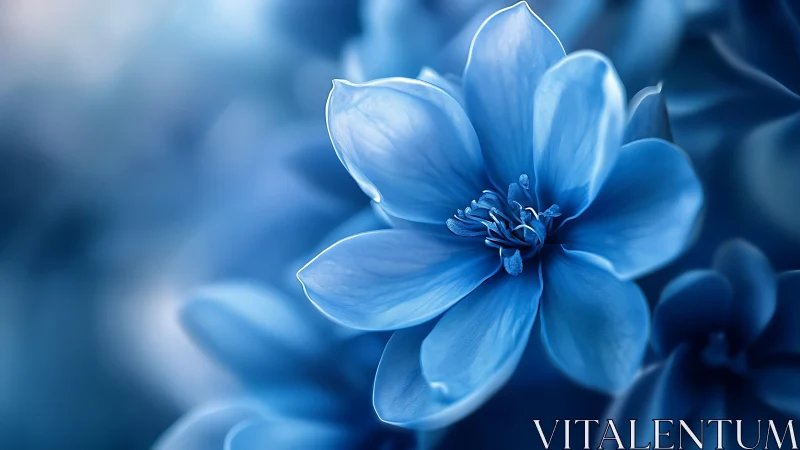 Blue flower with detailed stamen structure in soft focus environment.