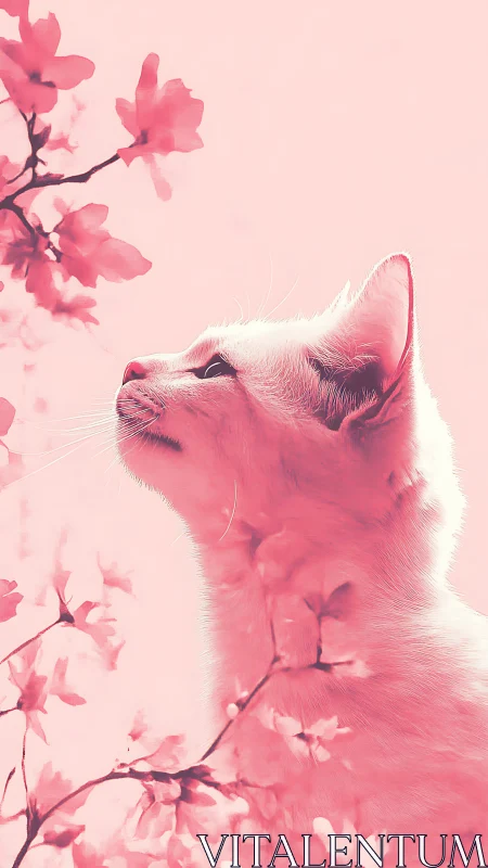 White cat gazes upward amid pink flowering magnolia branches with soft luminous rendering