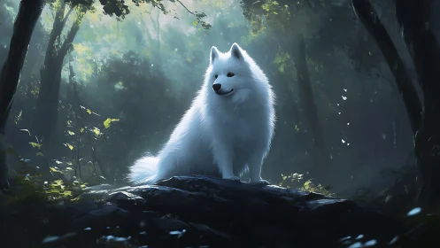 Luminous white dog rests on mossy forest rock in soft backlight