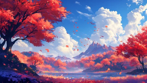 Crimson autumn valley under cloud castles and distant spires.