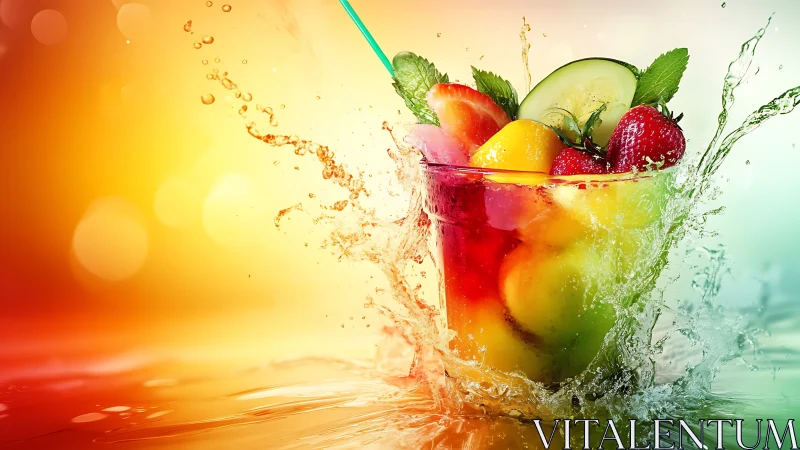 Colorful Refreshment Cocktail with Vibrant Splashing Water.