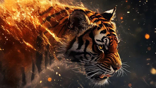 Tiger head disintegrates into incandescent particles in motion