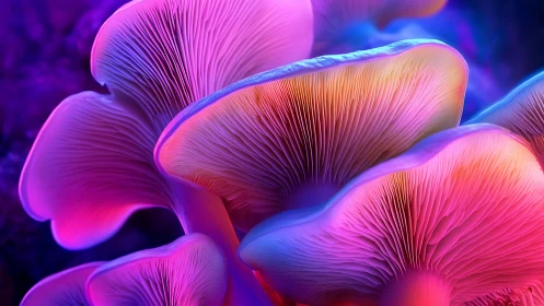 Neon bioluminescent mushrooms in close digital macro study.