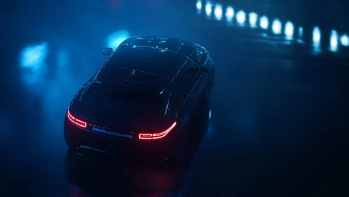 Sleek sports car under neon blue light on wet asphalt.