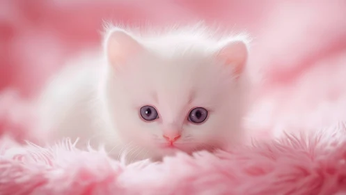 Digitally Rendered White Feline Portrait With Violet Iridescent Pupils.