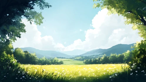 Sunlit valley meadow under bright summer sky. Period.