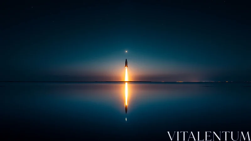 Nocturnal rocket launch over calm reflective seascape horizon