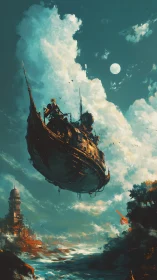 Moonlit skyship drifts above storm-tossed steampunk coast.