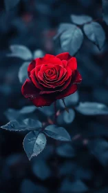 Crimson Rose Glistens in Moody Garden Shadows