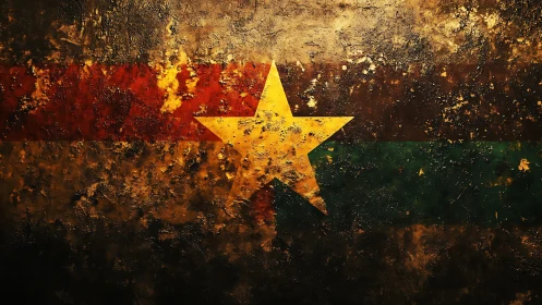 Corroded tricolor flag with central star rendered as textured decay