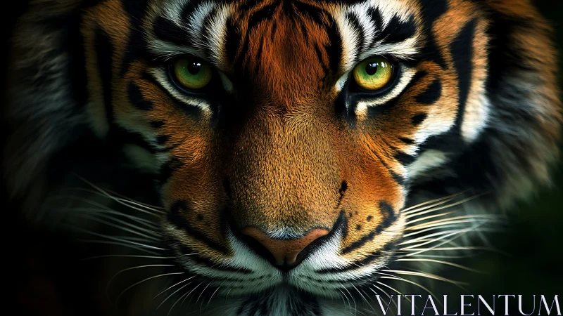 Tiger eyes lock forward under dramatic low-key lighting.