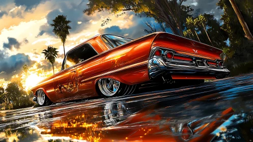 Sunset cruise lets a classic lowrider glow on wet streets