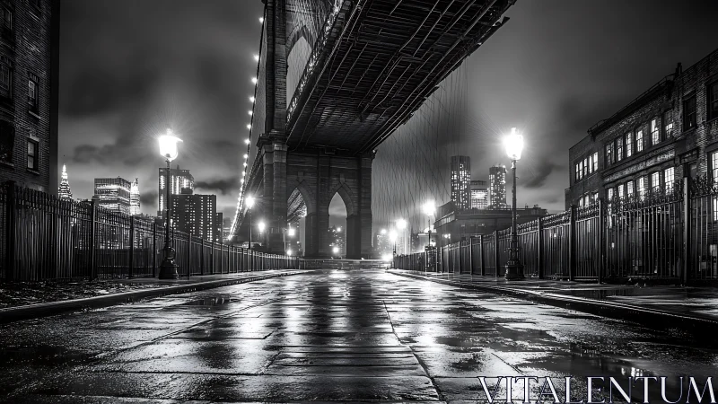 Nocturnal wet-street perspective beneath suspension bridge.