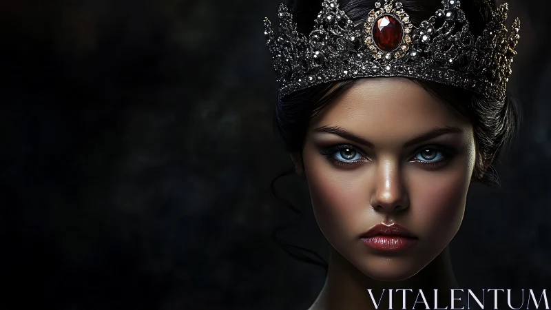 Dark crowned portrait of regal woman with jeweled tiara