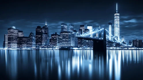 Nocturnal blue city skyline renders luminous urban reflections