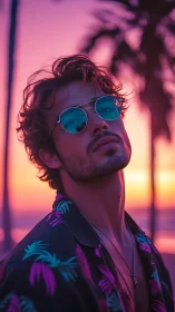Neon sunset portrait isolates stylized figure in vibrant bokeh glow